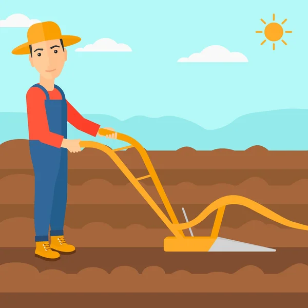 Farmer on the field with plough. — Stock Vector