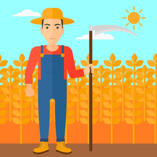 Agricultor en el campo con guadaña . — Vector de stock