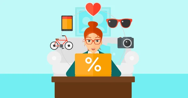 Woman shopping online using her laptop. — Stock Vector