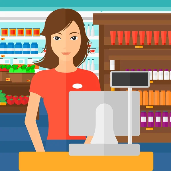 Saleslady standing at checkout. — Stock Vector