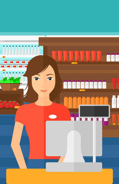 Saleslady standing at checkout.