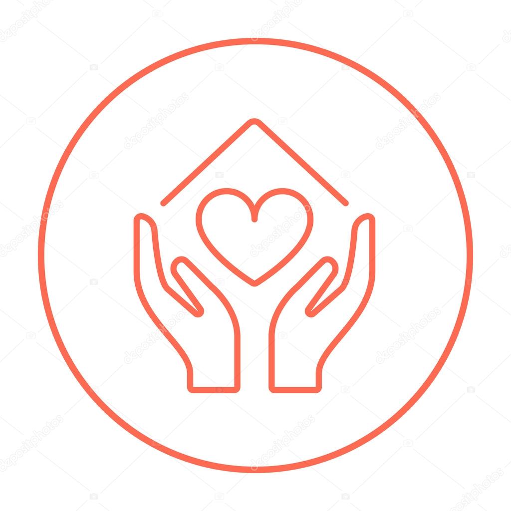 Hands holding house symbol with heart shape line icon.