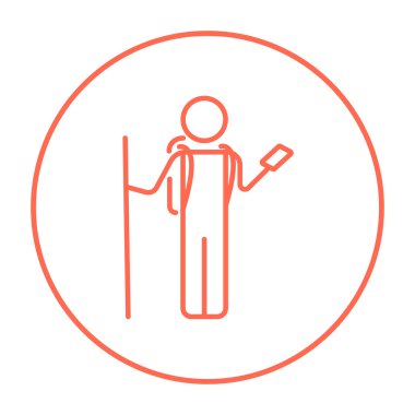 Telefon hattı simgesi ile backpacker turist.