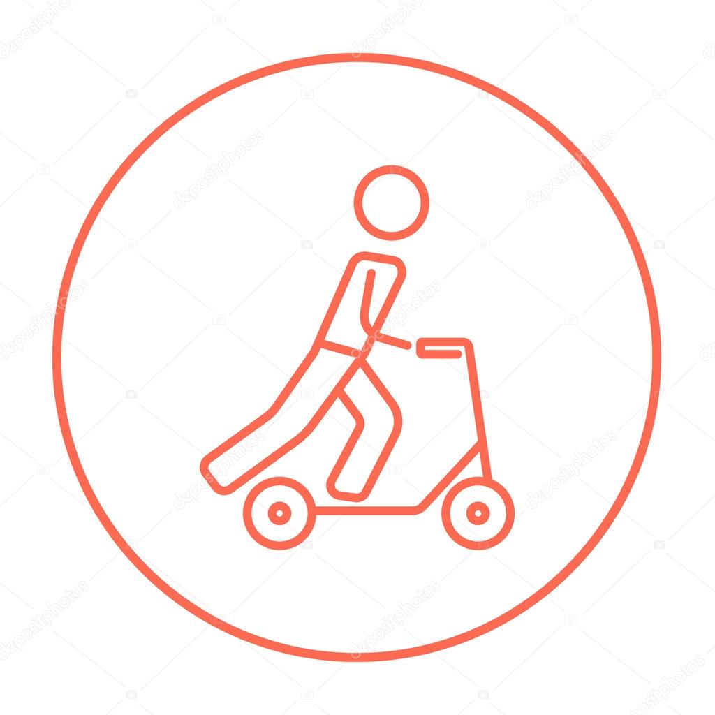 Man riding kick scooter line icon.