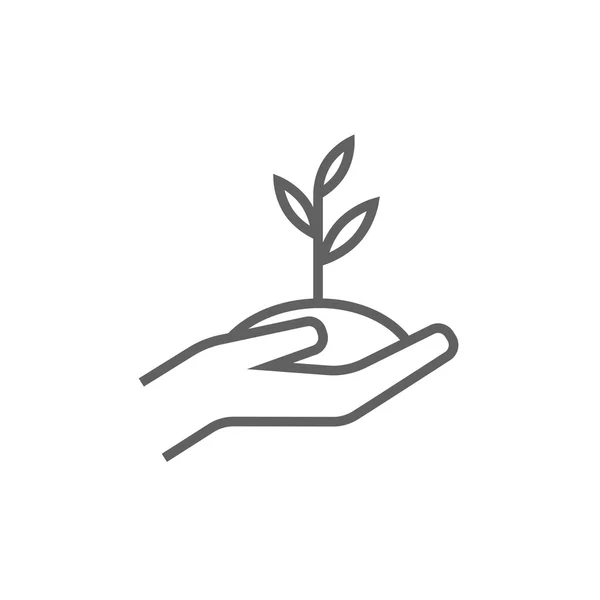 Hands holding seedling in soil line icon. — Stock Vector