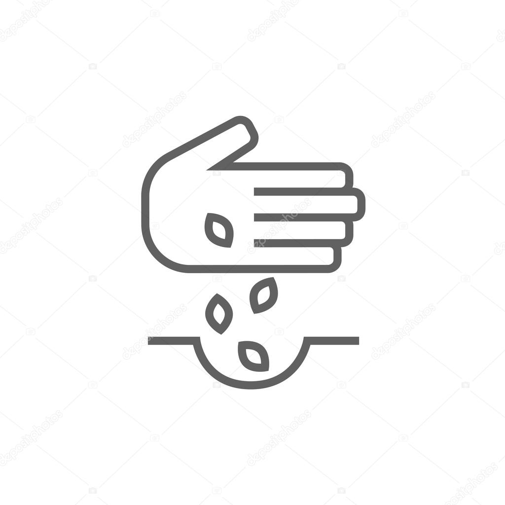 Hand planting seeds in ground line icon.