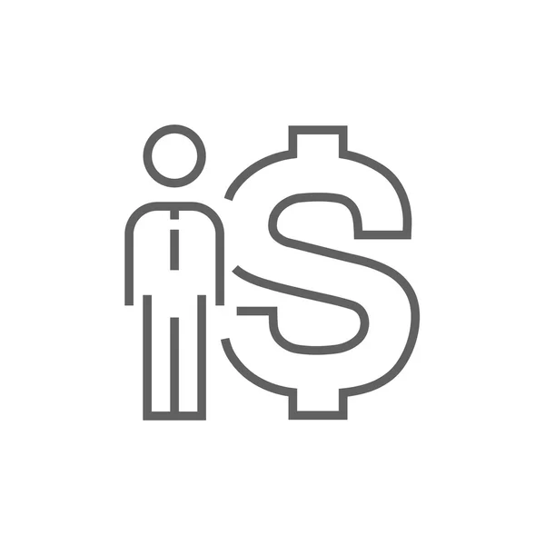 Businessman standing beside the dollar symbol line icon. — Stock Vector