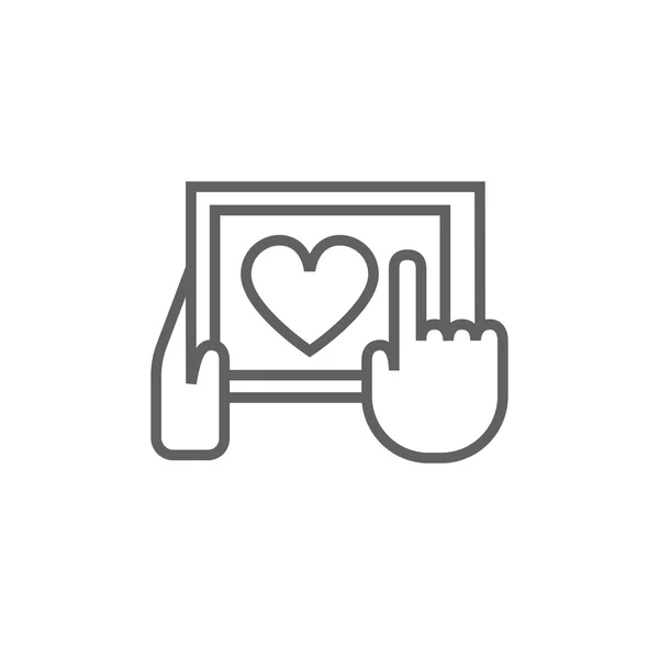 Hands holding tablet with heart sign line icon. — Stock Vector
