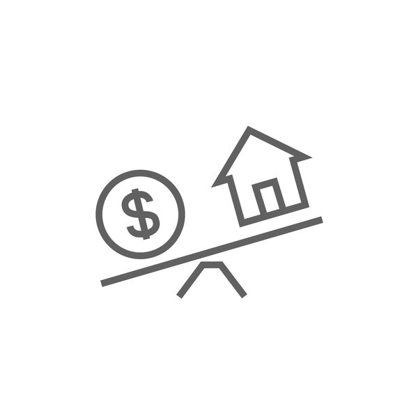 House and dollar symbol on scales line icon.