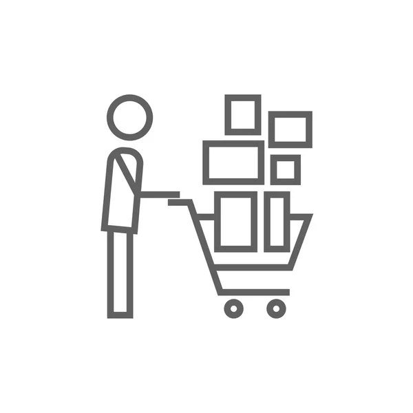 Hombre empujando carrito de compras icono de línea . — Vector de stock