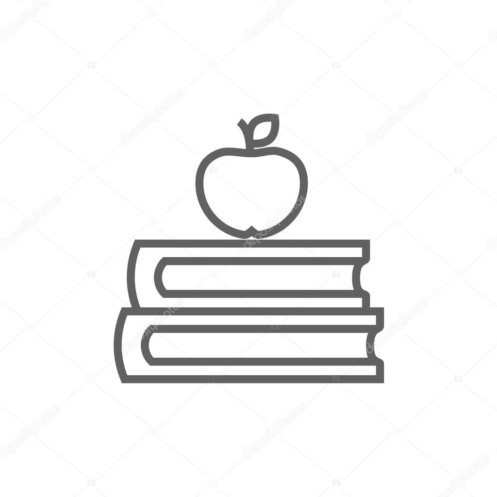 Books and apple on top line icon.