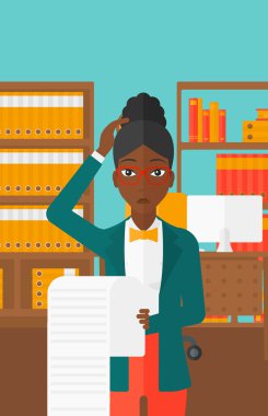 Woman holding long bill.