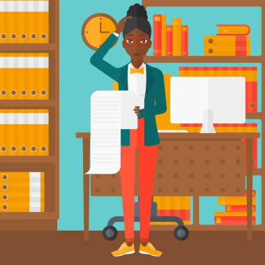 Woman holding long bill.