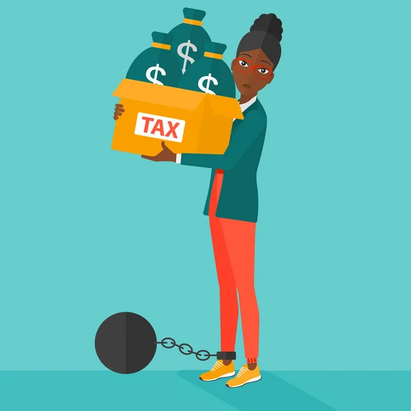 Chained woman with bags full of taxes. — Stock Vector