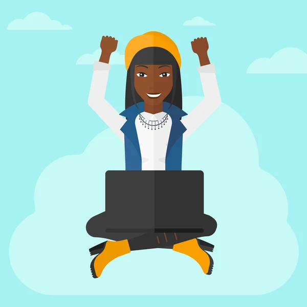 Woman sitting on cloud with laptop. — Stockvector