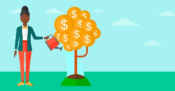 Woman watering money tree. — Stock Vector