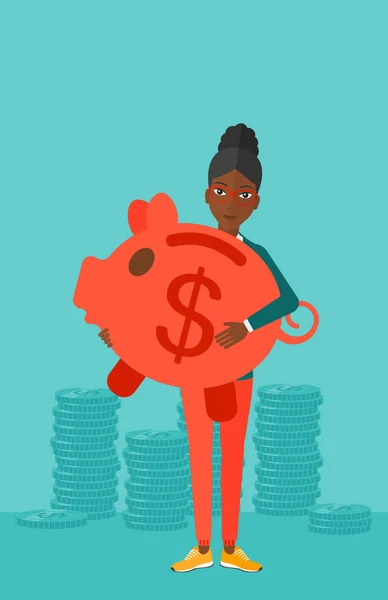 Woman carrying piggy bank. — Stok Vektör