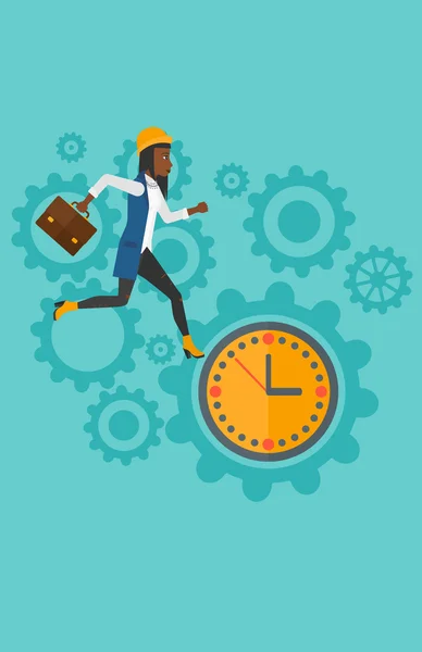 Running woman on clock background. — Stock Vector