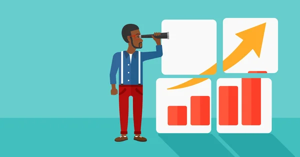 Man op zoek naar positief staafdiagram. — Stockvector