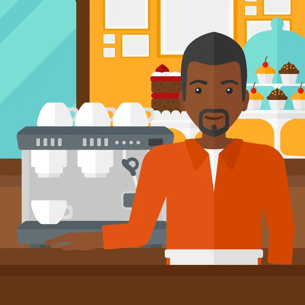 Barista de pie cerca de cafetera . — Vector de stock