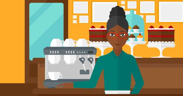 Barista de pie cerca de cafetera . — Vector de stock