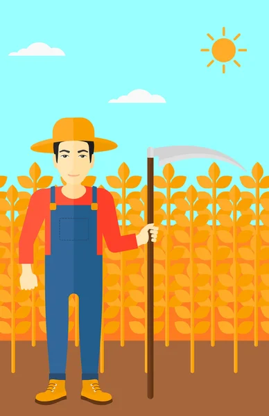 Agricultor en el campo con guadaña . — Vector de stock