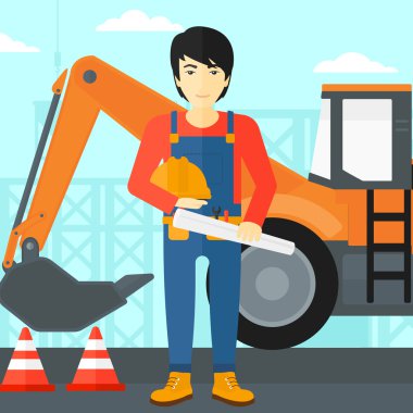 Kask ile mühendis ve blueprint.