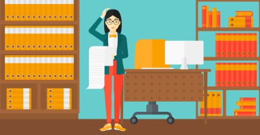 Woman holding long bill.