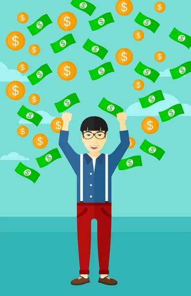 Hombre feliz con dinero volador . — Vector de stock