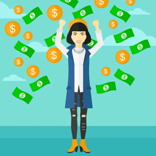 Happy woman with  flying money. — Stock Vector