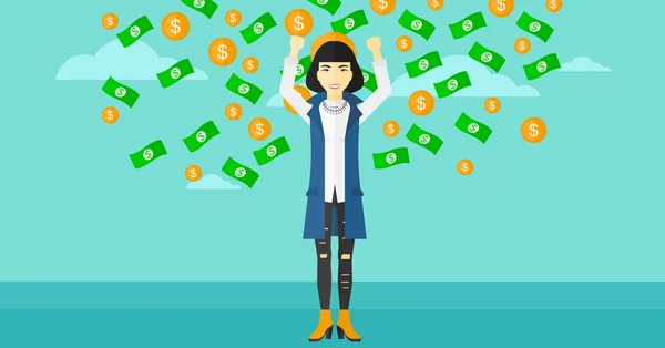 Happy woman with  flying money. — Stock Vector