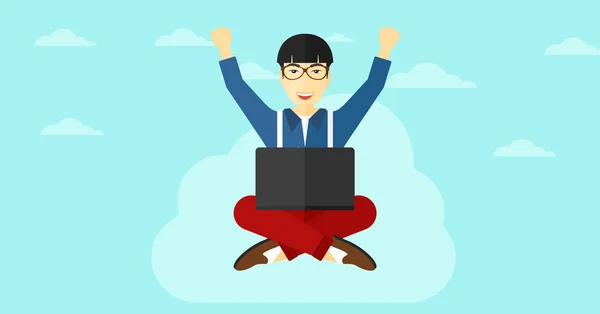 Homem sentado na nuvem com laptop . — Vetor de Stock