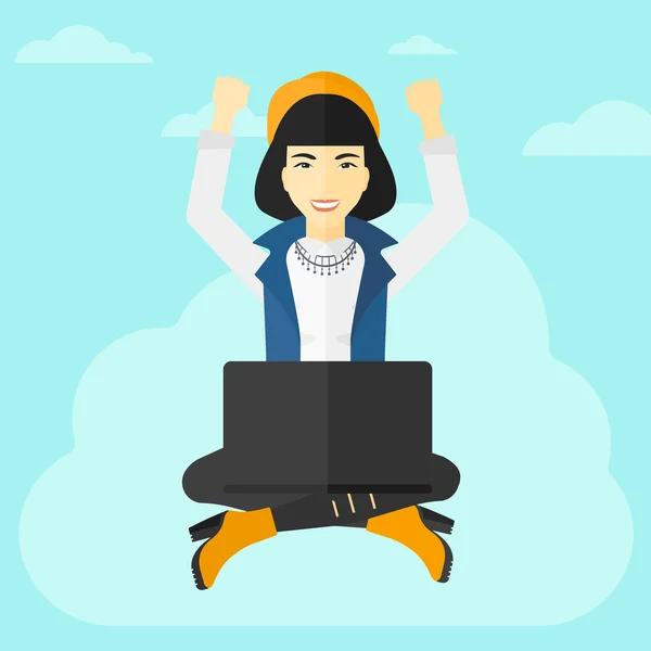 Woman sitting on cloud with laptop. — 图库矢量图片