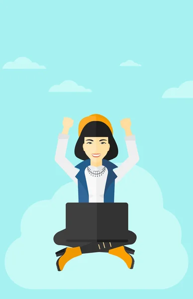 Woman sitting on cloud with laptop. — 图库矢量图片