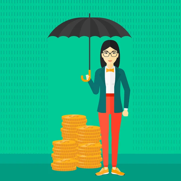 Жінка з парасолькою захищає гроші . — стоковий вектор