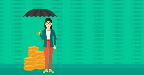 Жінка з парасолькою захищає гроші . — стоковий вектор