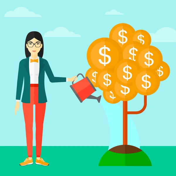 Woman watering money tree. — Stock vektor