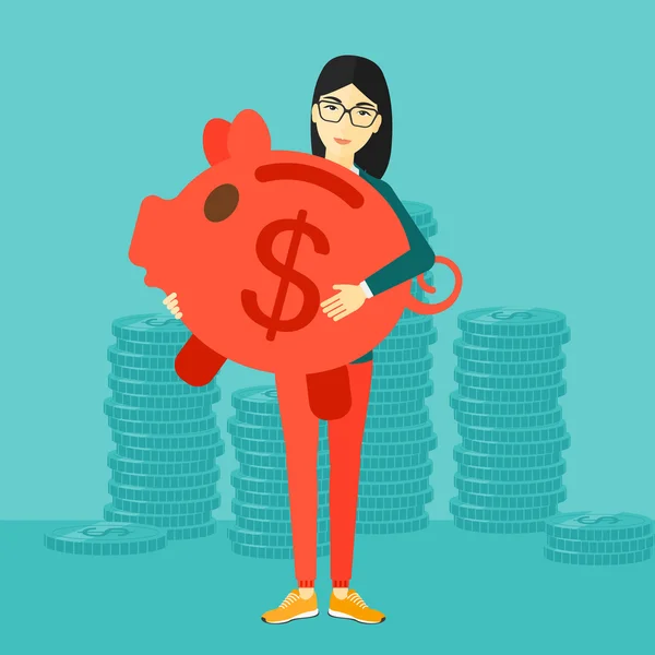 Woman carrying piggy bank. — Stock Vector