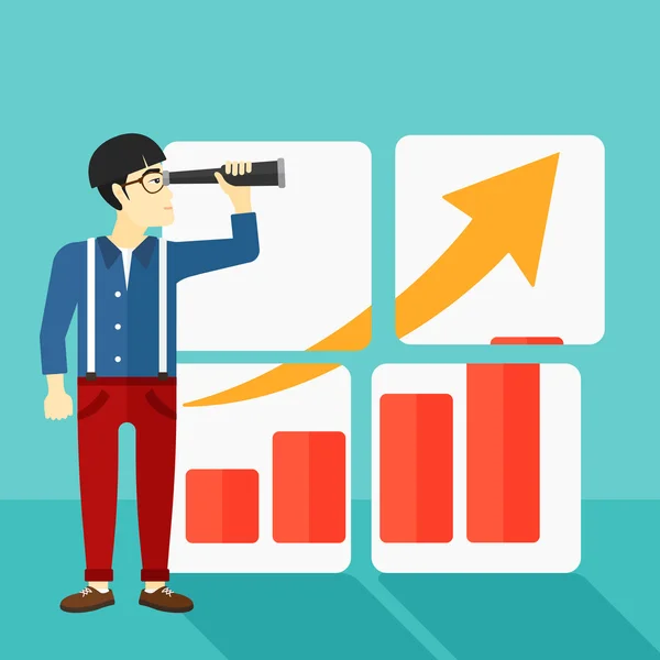 Man op zoek naar positief staafdiagram. — Stockvector