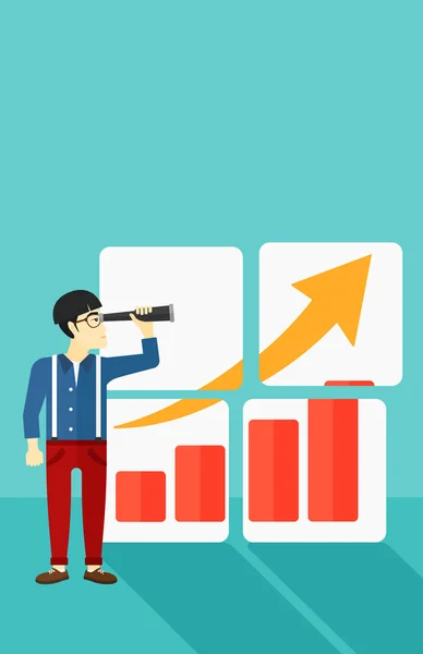 Man op zoek naar positief staafdiagram. — Stockvector