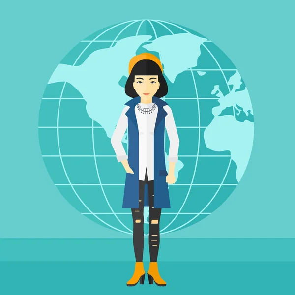 Business woman standing on globe background. — Wektor stockowy