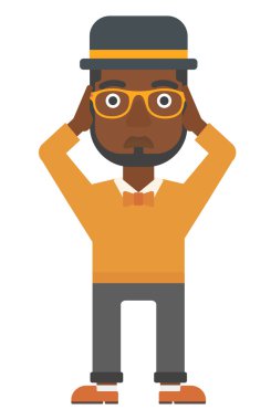 Adam umutsuz onun kafasından tutarak.