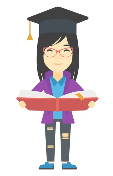 Mujer con gorra de graduación sosteniendo libro . — Vector de stock