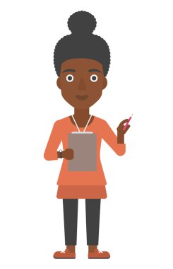 Woman standing with pen and file in hands.