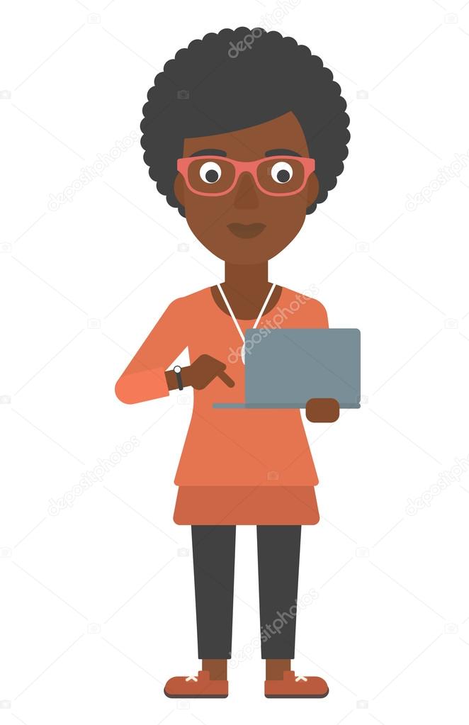 Woman using laptop.