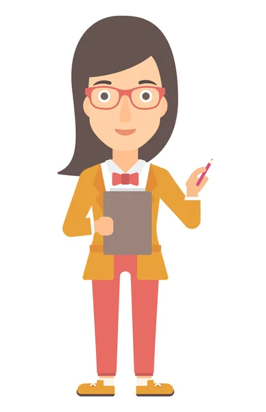 Woman standing with pen and file in hands. — Stockvector