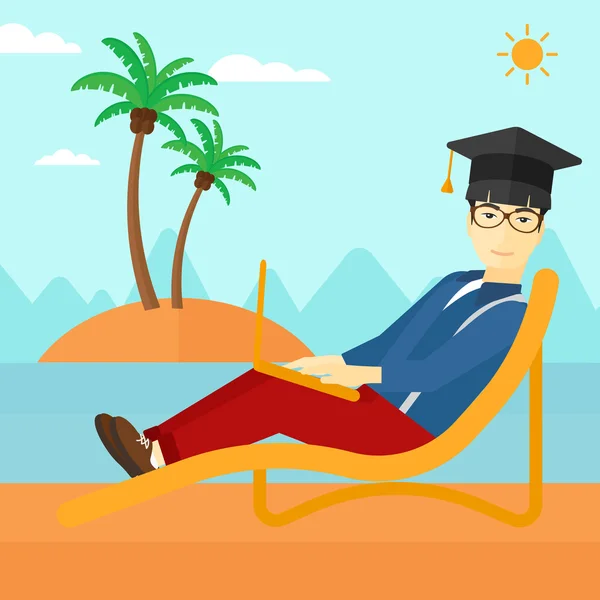 Graduate lying on chaise lounge with laptop. — Stock Vector