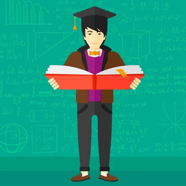 Hombre en el libro de tenencia de gorra de graduación . — Vector de stock