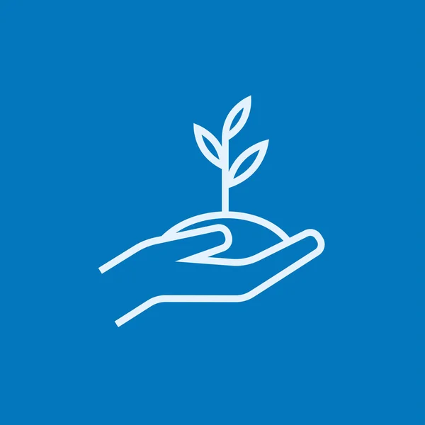 Hands holding seedling in soil line icon. — Stock Vector