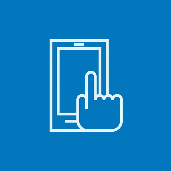 Finger pointing at smart phone line icon. — Stock Vector